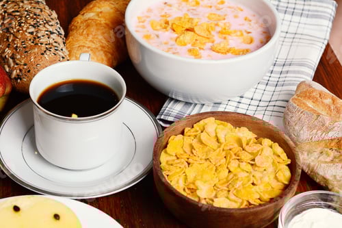 Preview: Close Up Of Passion Fruit Cake, Toast, Coffee, Yogurt, Cereals. Continental Breakfast