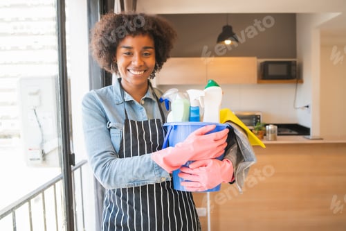Preview: Portrait Of Young Afro Woman Holding A Bucket With Cleaning Items At Home. Housekeeping And