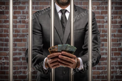Preview: Brazilian Man Holding Bills Of Money With A Handcuff In A Jail. Concept Of Corruption, Corrupt
