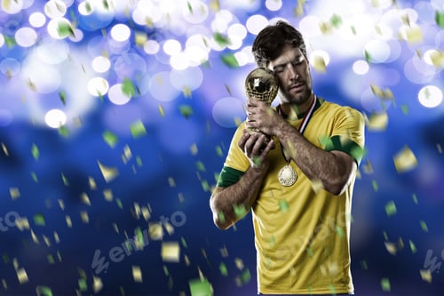 Preview: Brazilian Soccer Player, Celebrating The Championship With A Trophy In His Hand, On A Blue