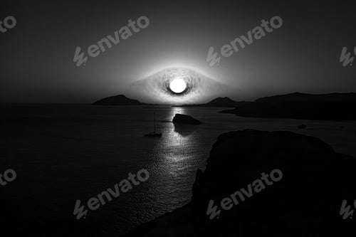 Preview: A Greyscale Landscape Of A Sea Surrounded By Rocks With The Sun Reflecting On The Water