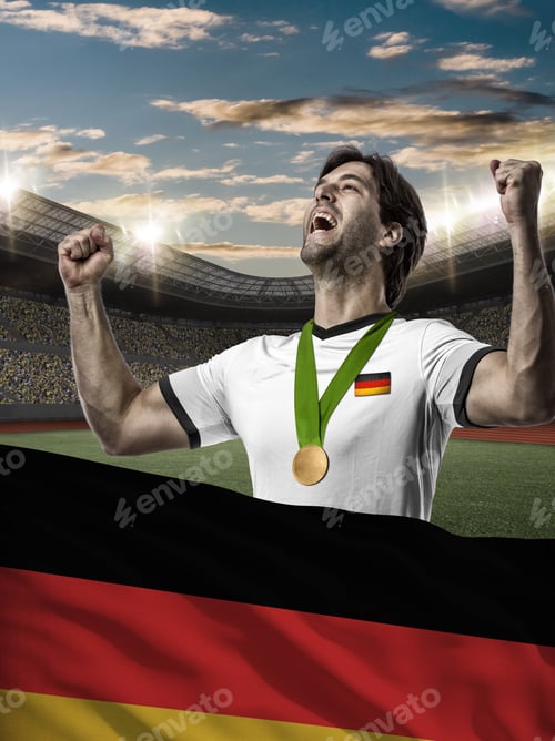 Preview: German Athlete Winning A Golden Medal With A German Flag In Front.