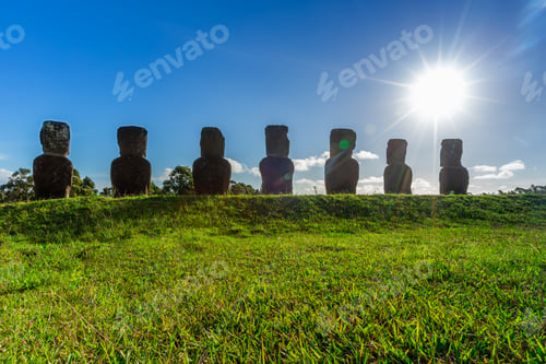 Preview: Seven Ahu Akivi Moai, Which Are The Only Moai To Face The Sea. Easter Island. Chile.
