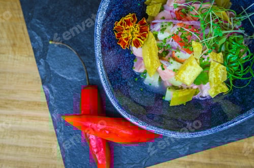 Preview: Beautiful Decorated Ceviche Dish. Premium Peruvian Food.