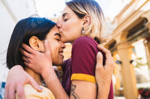 Preview: Portrait Of Happy Lesbian Couple Spending Time Together And Hugging At The Street. Lgbt., Love And