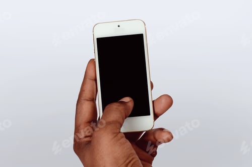 Preview: Male Hand Holding Smartphone With Blank Screen. Isolated On White Background.