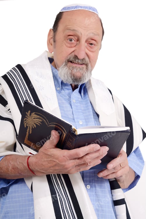 Preview: Eldery Jewish Man With Kippah And Wrapped In Talit Praying. Religion Concept. Isolated White