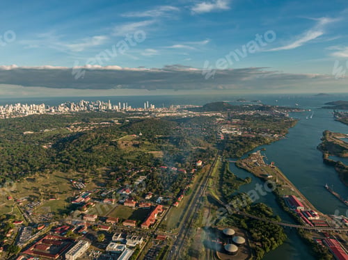 Preview: Beautiful Aerial View Of The Panama Channel Miraflores Locks At The Sunset