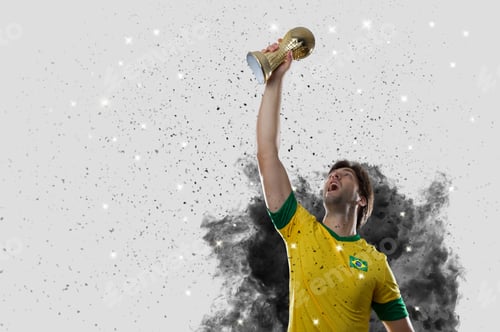 Preview: Brazilian Soccer Player Coming Out Of A Blast Of Smoke. Celebrating With A Trophy In His Hand.