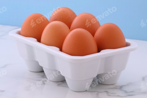 Preview: Healthy Free Range Eggs On Porcelain Crate Over Vintage Carrara Marble Kitchen Station.