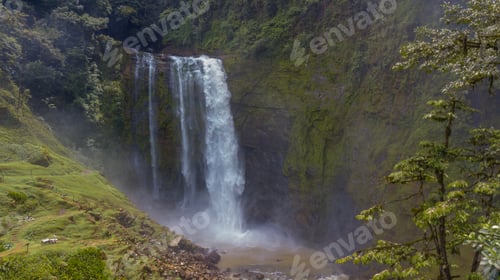 Preview: Beautiful Aerial View Of Big Waterfall In Costa Rica Inside The Mountains
