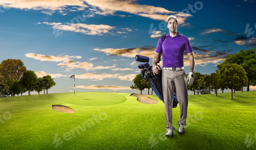 Preview: Golf Player In A Purple Shirt Walking With A Bag Of Golf Clubs On His Back, On A Golf Course.