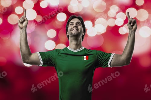 Preview: Mexican Soccer Player, Celebrating On A Red Lights Background.