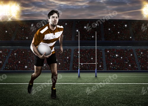 Preview: Rugby Player In A Orange Uniform Running On A Stadium. Soft Focus