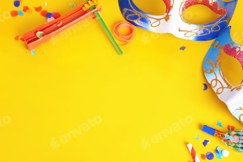 Preview: Close Up Of Purim Background With Mask And Party Costume. Purim Celebration Concept