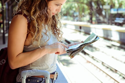 Preview: Young Tourist Woman With Map Waiting For Her Train On Platform Of Railway Station.