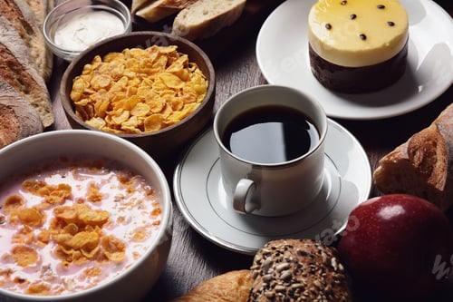 Preview: Close Up Of Passion Fruit Cake, Toast, Coffee, Yogurt, Cereals. Continental Breakfast