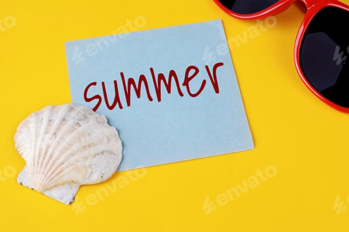 Preview: Summer Beach Accessories With "Summer" Word On Paper Card On Yellow Background