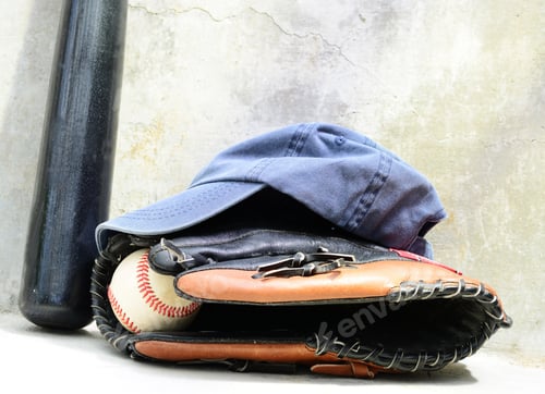 Preview: Baseball Bat Wit A Cap And A Glove With A Ball In It