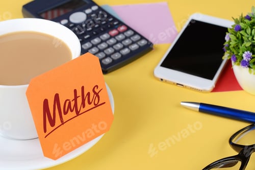 Preview: Paper Card With "Maths" Text And Coffee With Phone On A Yellow Background.