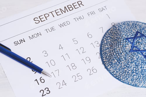 Preview: September Calendar With Kippah. Rosh Hashana, Yom Kippur And Sukkot. Jewish Festivities Concept.