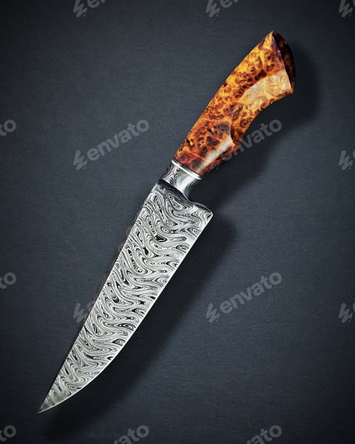 Preview: Beautiful Luxurious Utility Knife In Texas Wind Damask Pattern With Noble Wood Handle On Dark