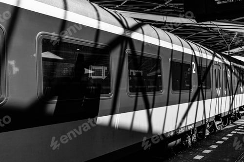 Preview: A Closeup Of Structure Shadows Cast On A Metro Train In Grayscale