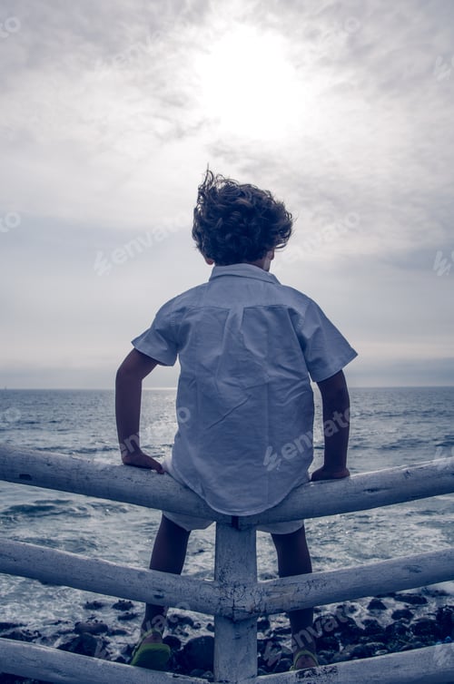 Preview: Child Sitting On A Fence Facing The Sea