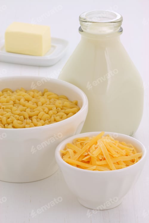 Preview: Delicious Macaroni And Cheese Ingredients On Vintage Wood Setting.