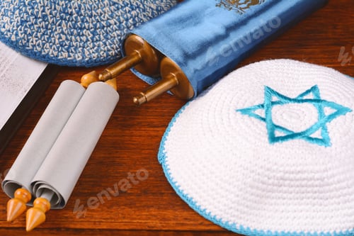 Preview: Torah With Kippah On Wooden Background. Jewish Religion Concept