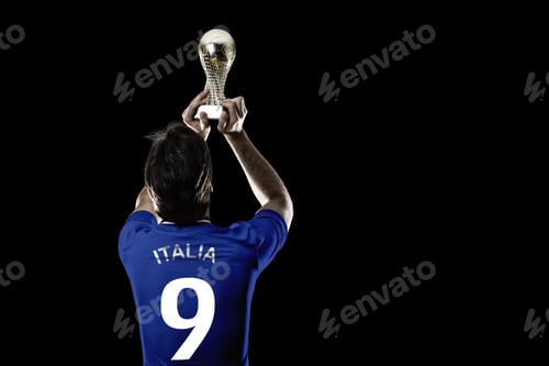 Preview: Italian Soccer Player, Celebrating The Championship With A Trophy In His Hand. On A Black