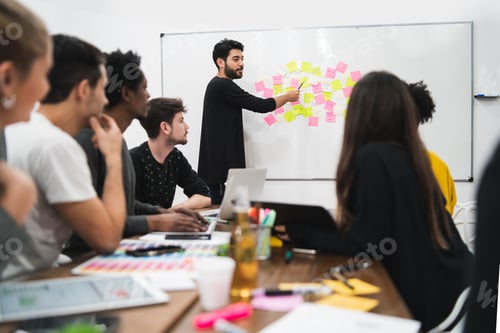 Preview: Manager Leading A Brainstorming Meeting With A Group Of Creative Designers In The Office. Leader