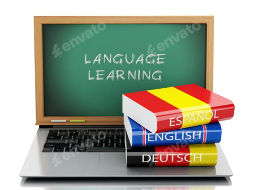 Preview: 3D Illustration. Laptop With Chalkboard And Dictionaries. Languages Learn And Translate, Education