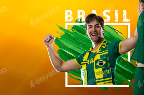 Preview: Brazilian Male Fan, Celebrating On A Yellow Background With Copy Space.