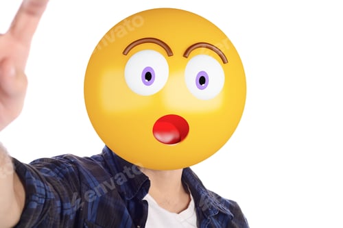 Preview: Portrait Of An Emoji Head Man Taking Selfie. Isolated White Background.