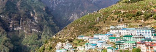Preview: Namche Bazaar Village On The Way To Everest Base. Nepal. Asia. Web Banner In Panoramic View