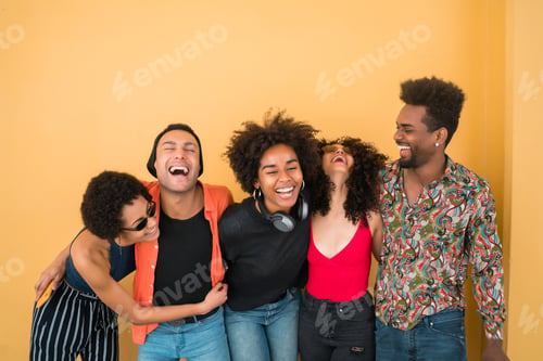 Preview: Portrait Of Afro Friends Having Fun Together And Enjoying Good Time Against Yellow Background