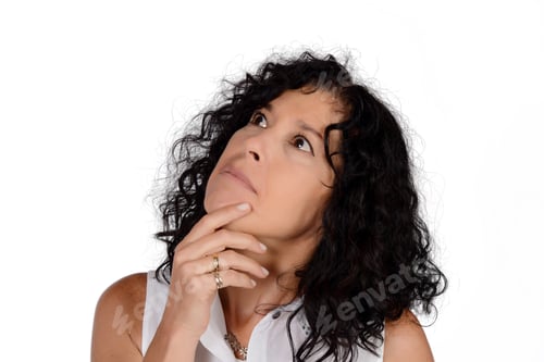 Preview: Beautiful Thoughtful Womanl In Studio. Isolated White Background.