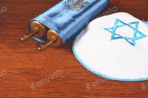 Preview: Torah With Kippah On Wooden Background. Jewish Religion Concept