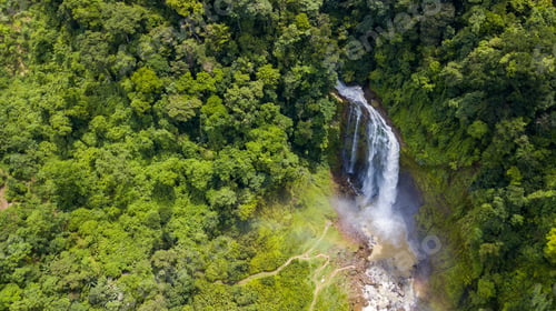 Preview: Beautiful Aerial View Of Big Waterfall In Costa Rica Inside The Mountains