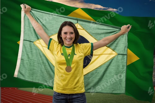 Preview: Brazilian Female Athlete Winning A Golden Medal In Front Of A Brazilian Flag.
