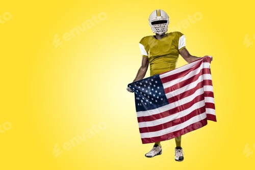 Preview: Football Player With A Yellow Uniform And A American Flag, On A Yellow Background.