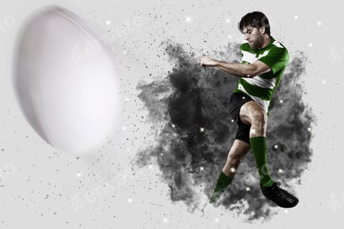 Preview: Rugby Player With A Green Uniform Coming Out Of A Blast Of Smoke .