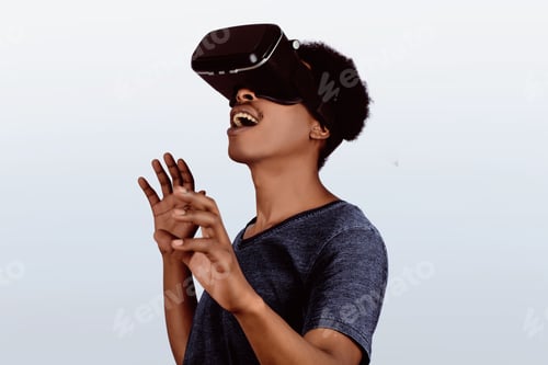 Preview: Portrait Of Afro American Man With Vr Headset Is Looking At Interactive Screen. Man Experiencing