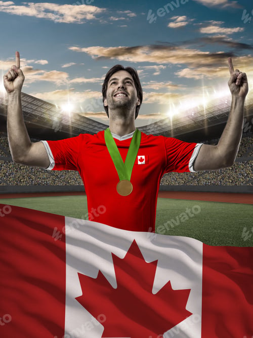 Preview: Canadian Athlete Winning A Golden Medal With A Canadian Flag In Front.