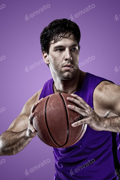 Preview: Basketball Player On A Purple Uniform, On A Purple Background.