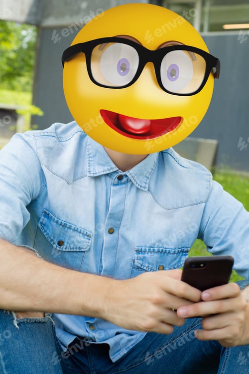 Preview: Emoji Head Man Using A Smartphone. Emoji Concept