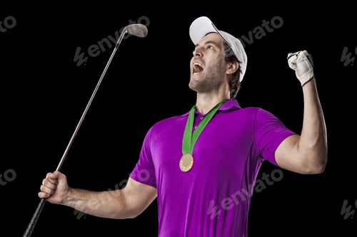 Preview: Golf Player In A Pink Shirt Celebrating With A Golden Medal, On A Black Background.