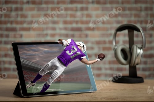 Preview: Football Player With A Purple Uniform Playing And Coming Out Of A Tablet. Watching A Football Game