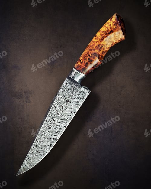 Preview: Beautiful Luxurious Utility Knife In Texas Wind Damask Pattern With Noble Wood Handle On Dark